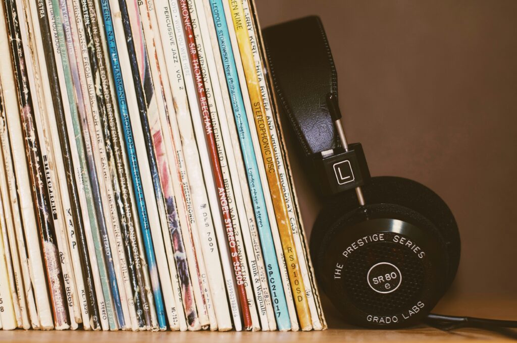 Stock image of records and headphones.